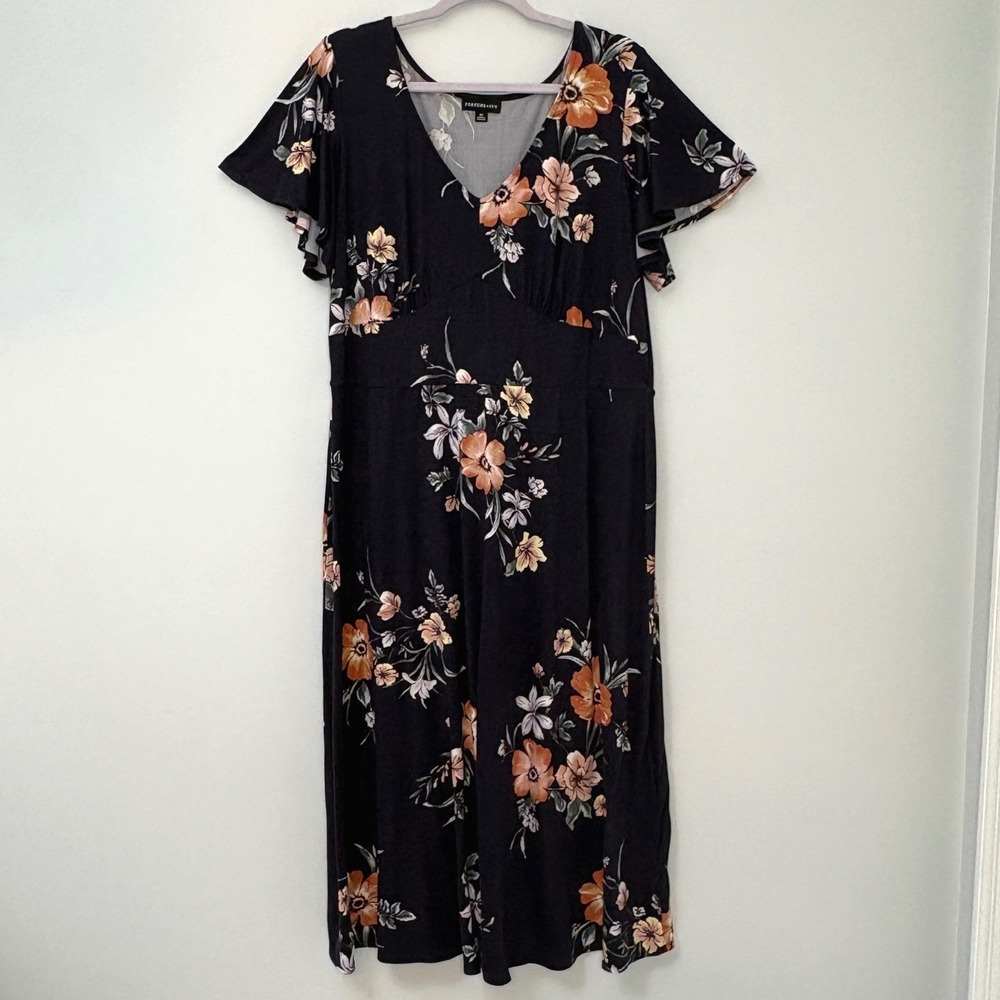 Fortune + Ivy Womens 2X Navy Blue Floral Flutter Sleeve V-Neck‎ Midi Dress